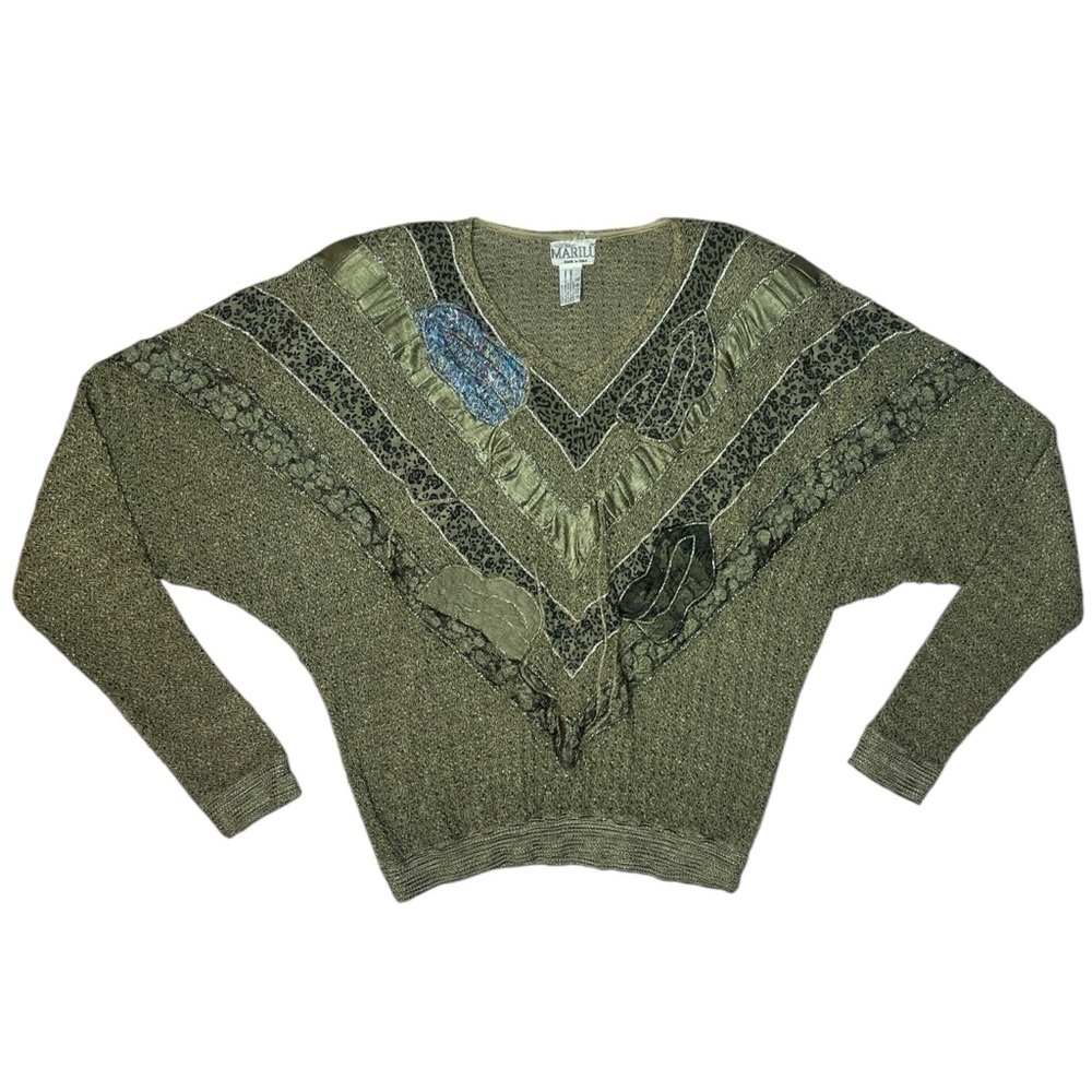 Vintage 80s Olive Green Patchwork Dolman Sweater Italian Boho Textured Slouchy - Picture 3 of 14
